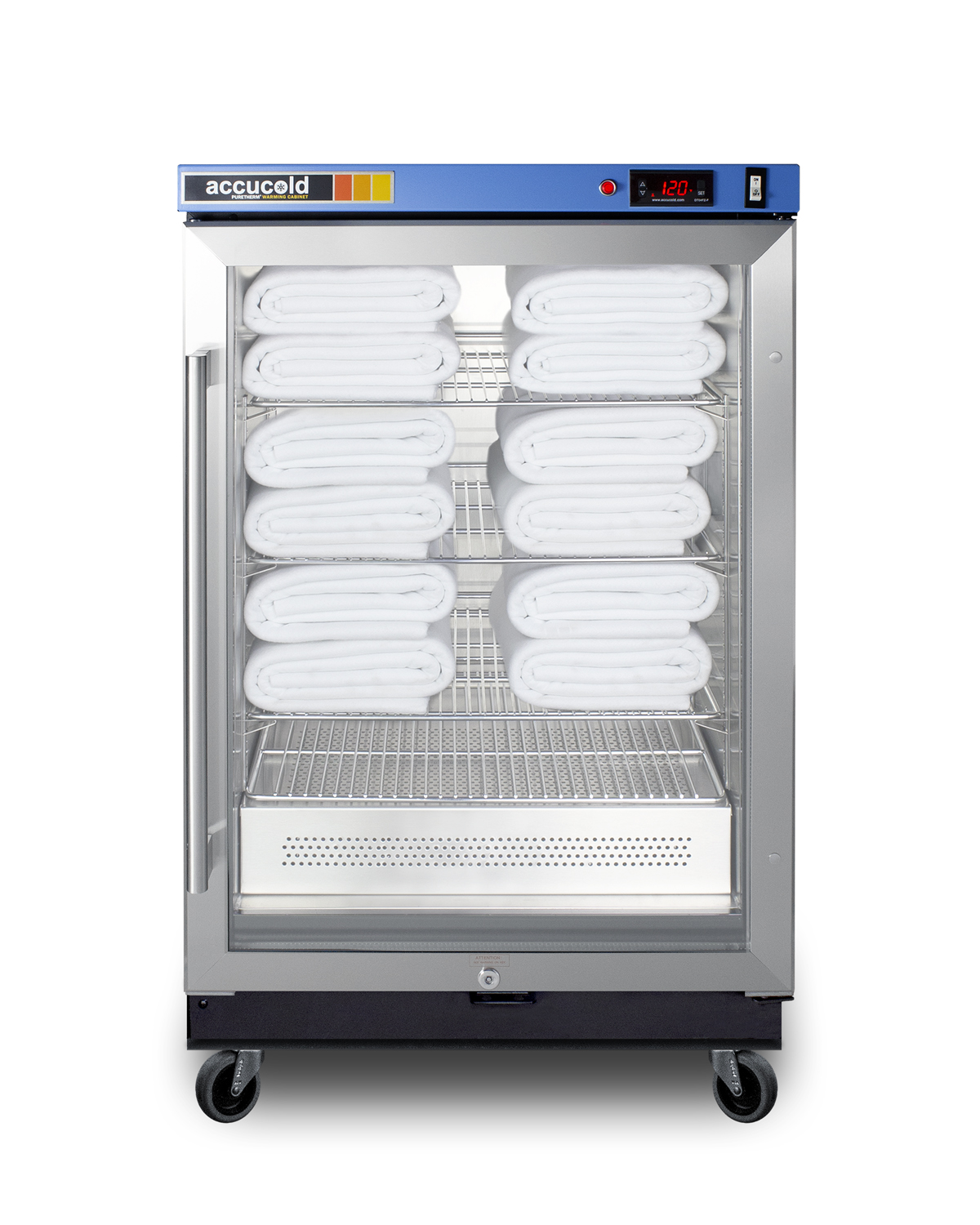 Single chamber passive heating blanket warmer with glass door, stainless steel interior and exterior, digital thermostat, and lock